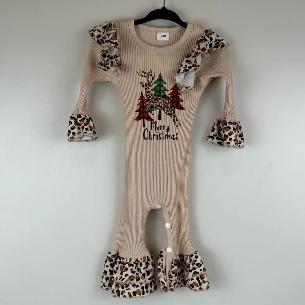 Merry Christmas Leopard Baby Size 6-9 months Romper
